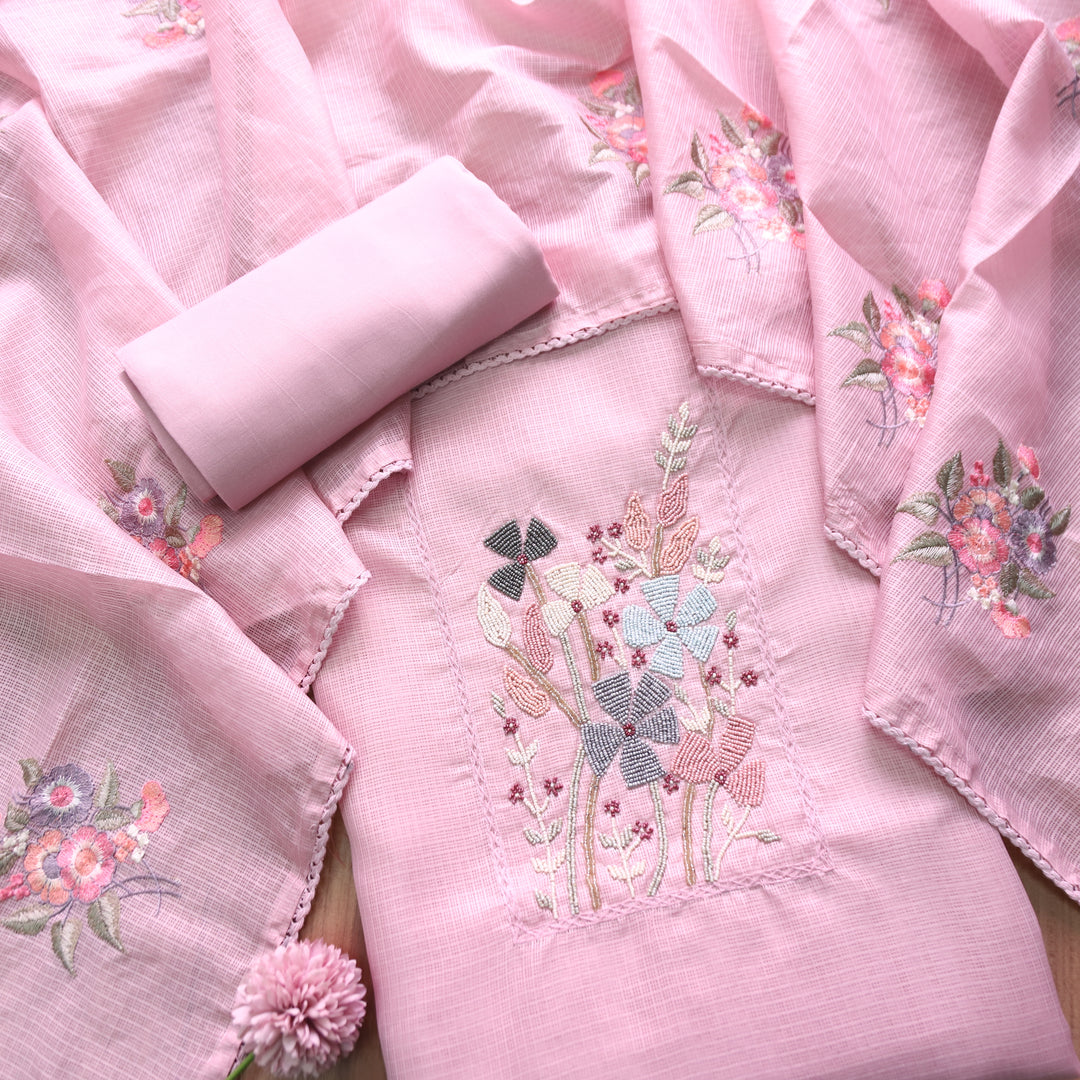 Naveli Frosty Pink Moti Work Neck Kota Doriya Suit Set