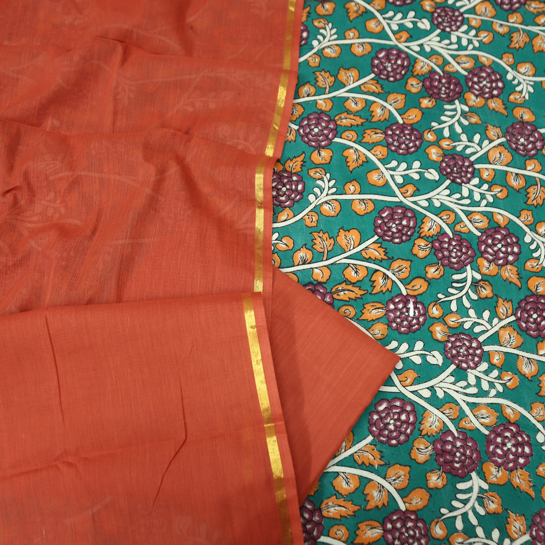 Vashudhara Prussian Teal All Over Floral Kalamkari Printed Work South Cotton Set
