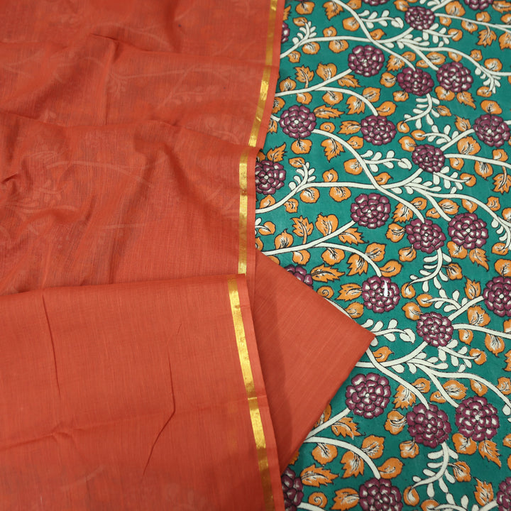 Vashudhara Prussian Teal All Over Floral Kalamkari Printed Work South Cotton Set