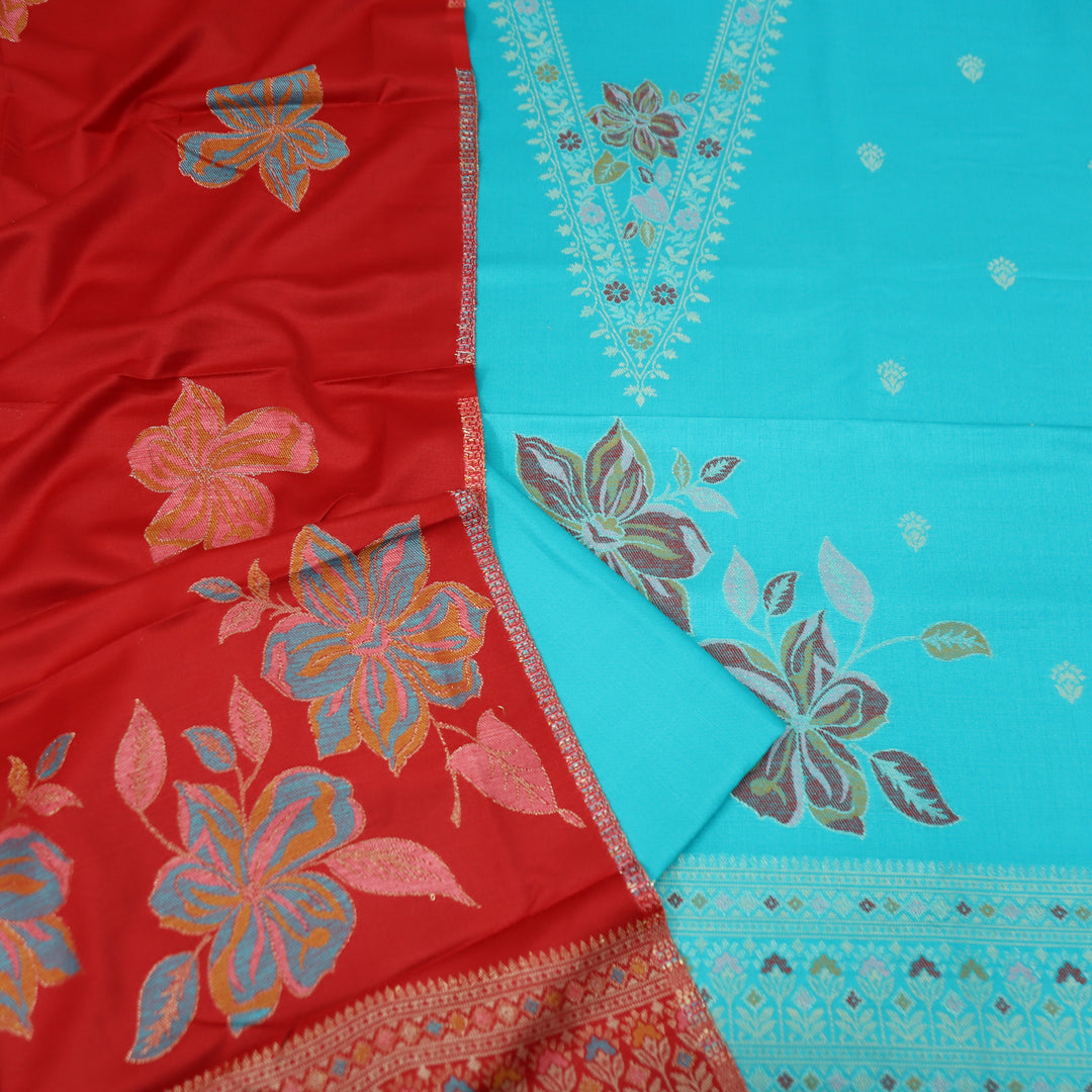 सिलसिला Aqua Ocean Thread with Zari Neck Work Semi Pashmina Winter Suit Set