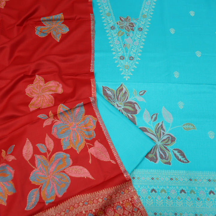 सिलसिला Aqua Ocean Thread with Zari Neck Work Semi Pashmina Winter Suit Set