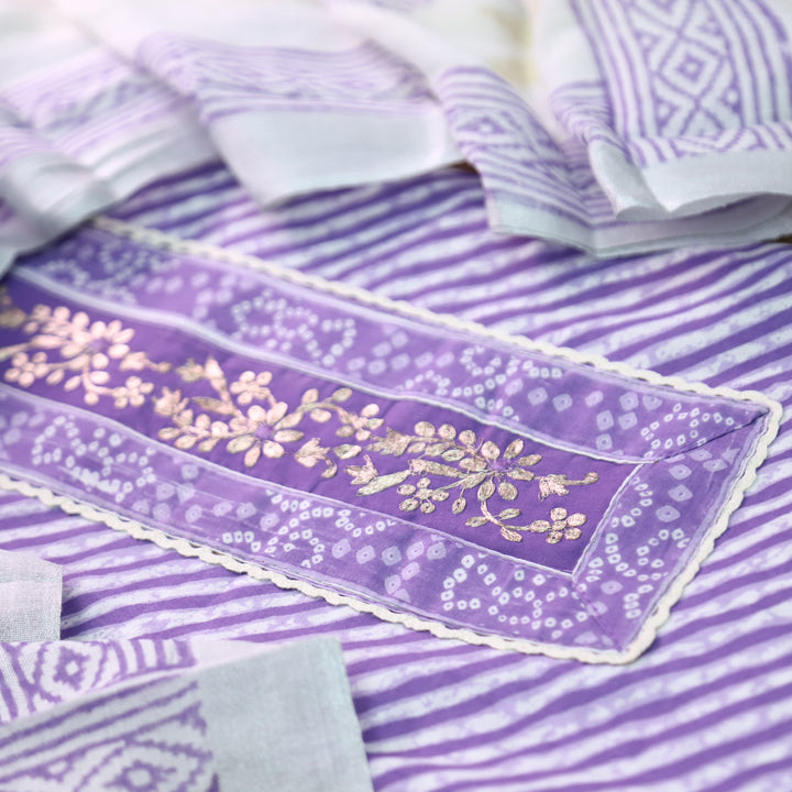 Taruni Purple Zari Work Patch Leheriya Printed Cotton Set