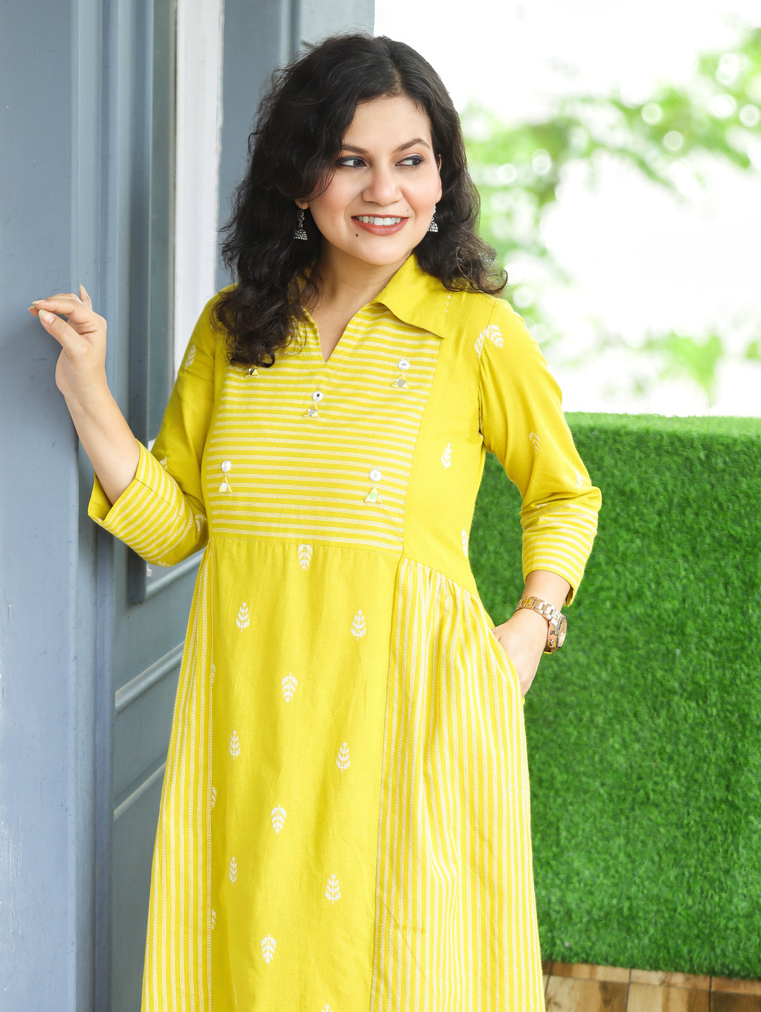 Zaira Yellow Thread Woven Panel South Cotton Dress