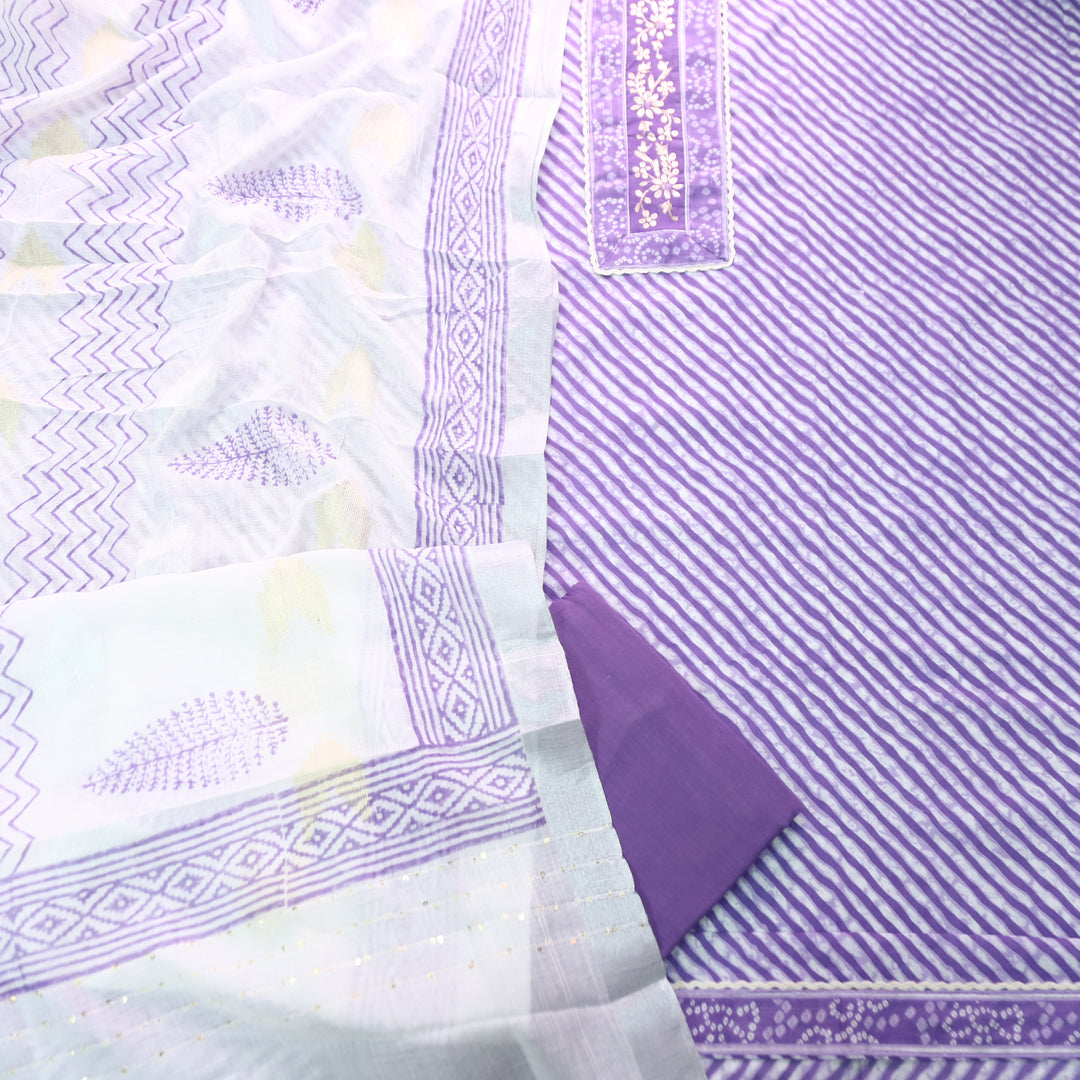 Taruni Purple Zari Work Patch Leheriya Printed Cotton Set