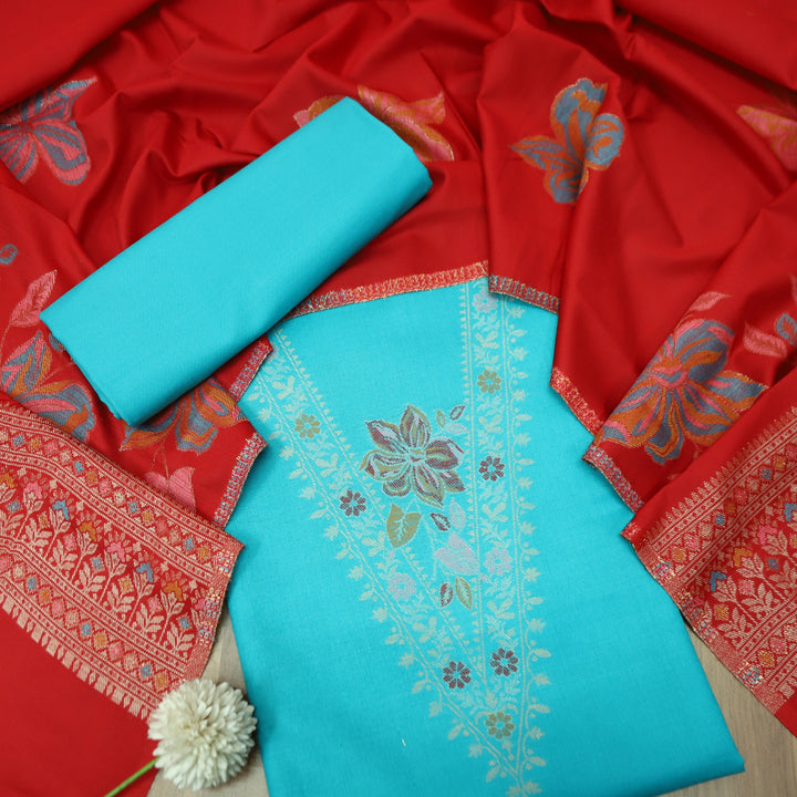 सिलसिला Aqua Ocean Thread with Zari Neck Work Semi Pashmina Winter Suit Set