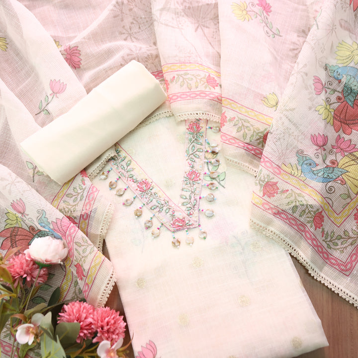 Sahiba Cream Beige V Neck with Shell and Moti Work Peacock Print Kota Doriya Set