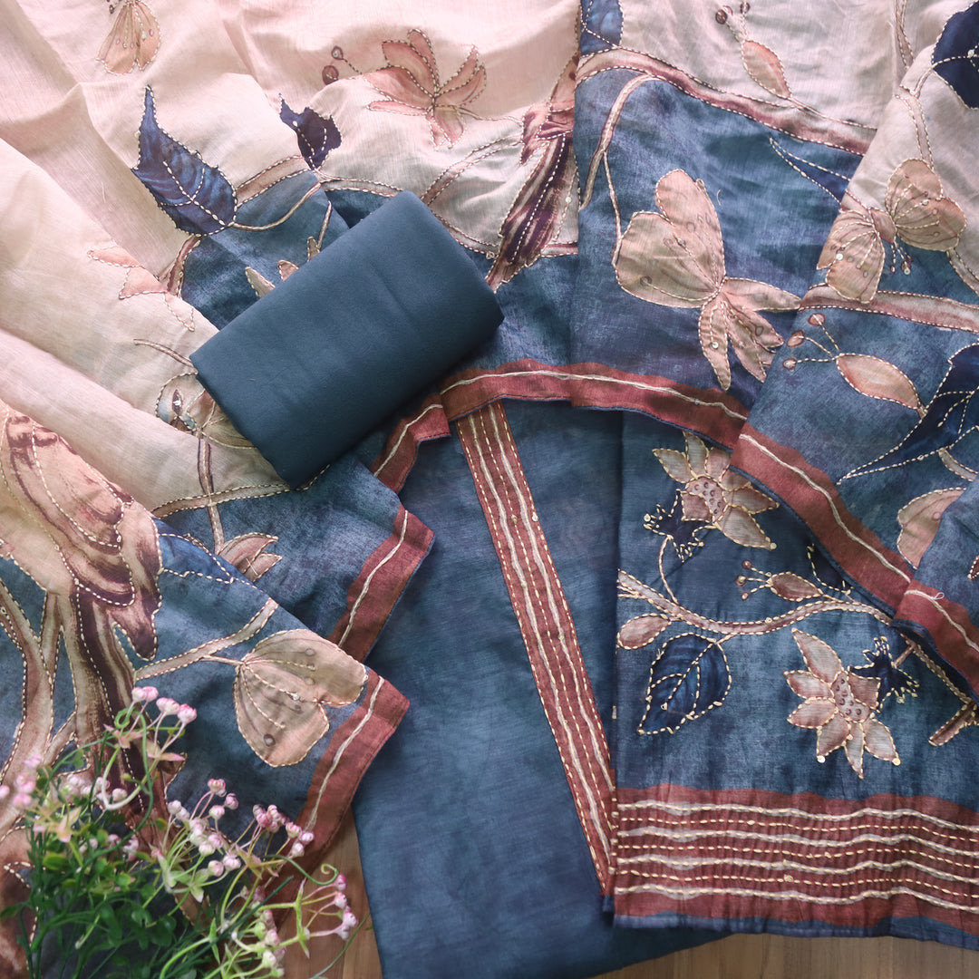Kashvi Sapphire Blue Kantha Embroidery Digital Printed Chanderi Suit Set