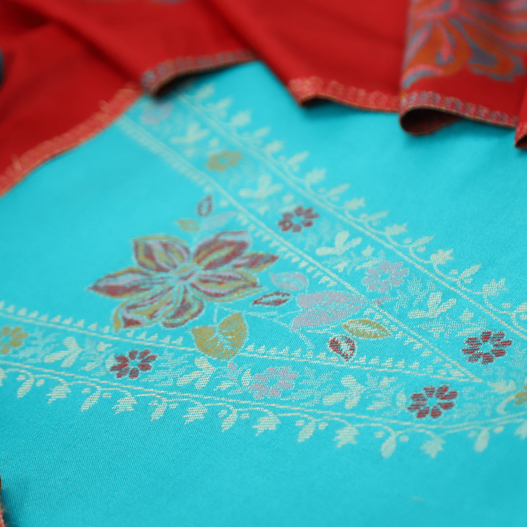 सिलसिला Aqua Ocean Thread with Zari Neck Work Semi Pashmina Winter Suit Set