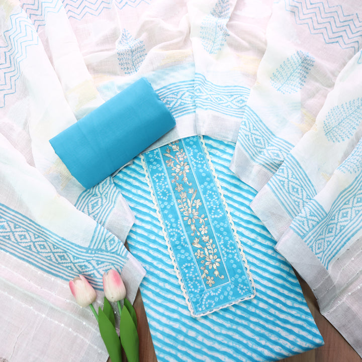 Taruni Sky Blue Zari Work Patch Leheriya Printed Cotton Set