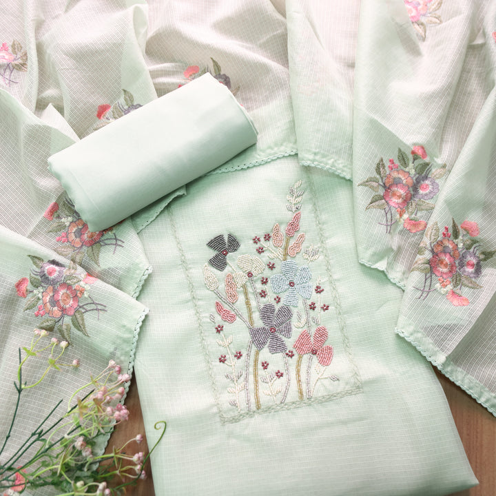 Naveli Mint Green Moti Work Neck Kota Doriya Suit Set