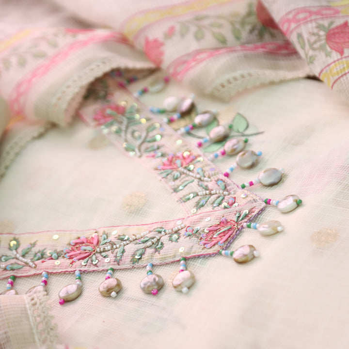 Sahiba Cream Beige V Neck with Shell and Moti Work Peacock Print Kota Doriya Set