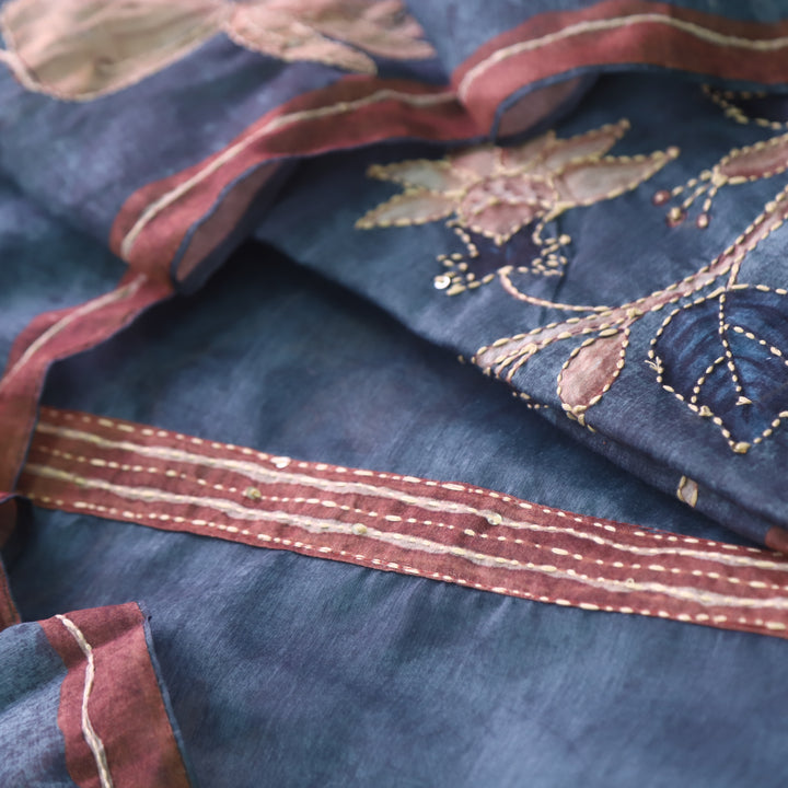 Kashvi Sapphire Blue Kantha Embroidery Digital Printed Chanderi Suit Set