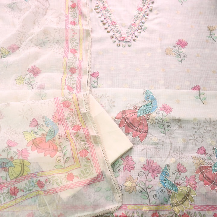 Sahiba Cream Beige V Neck with Shell and Moti Work Peacock Print Kota Doriya Set