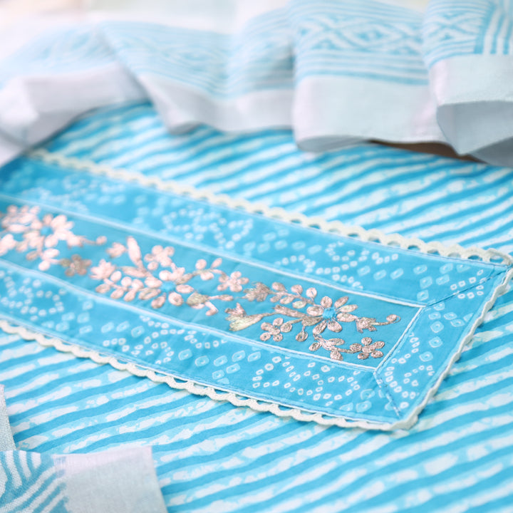 Taruni Sky Blue Zari Work Patch Leheriya Printed Cotton Set