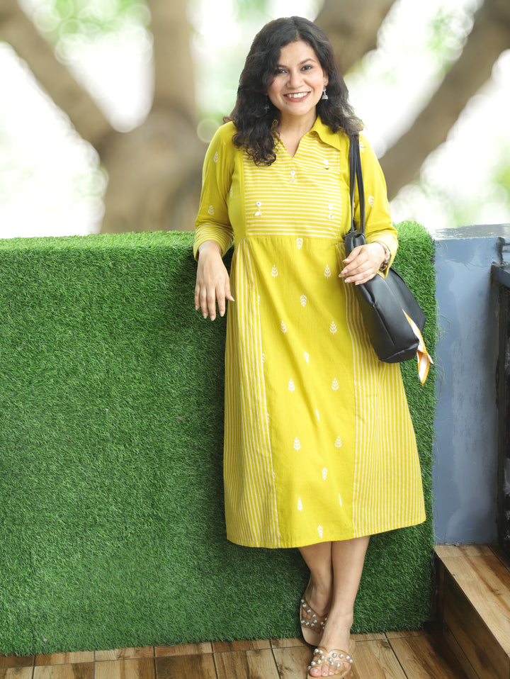 Zaira Yellow Thread Woven Panel South Cotton Dress