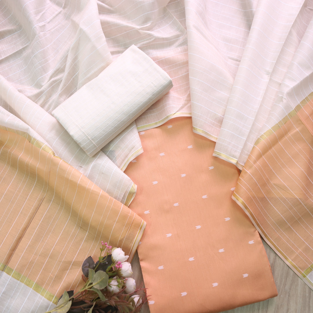 Kanya Soft Peach All Over Thread Weaved Cotton Silk Suit Set