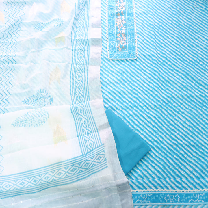 Taruni Sky Blue Zari Work Patch Leheriya Printed Cotton Set
