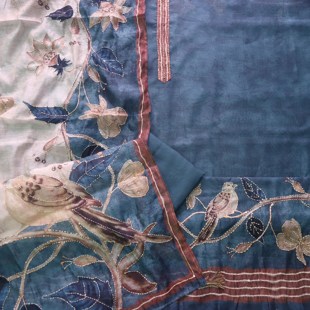 Kashvi Sapphire Blue Kantha Embroidery Digital Printed Chanderi Suit Set