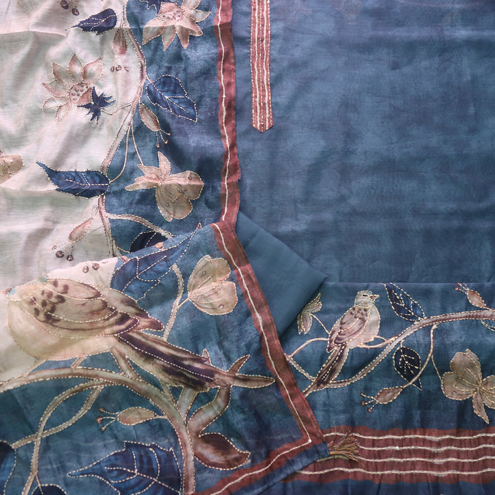 Kashvi Sapphire Blue Kantha Embroidery Digital Printed Chanderi Suit Set