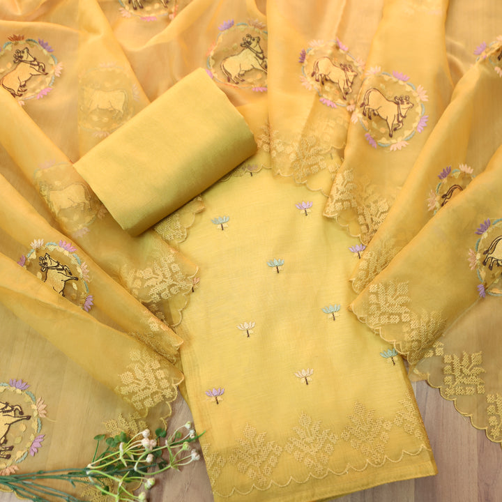 Ambarsi Dandelion Yellow Cross-Stitch Thread Work Chanderi Set