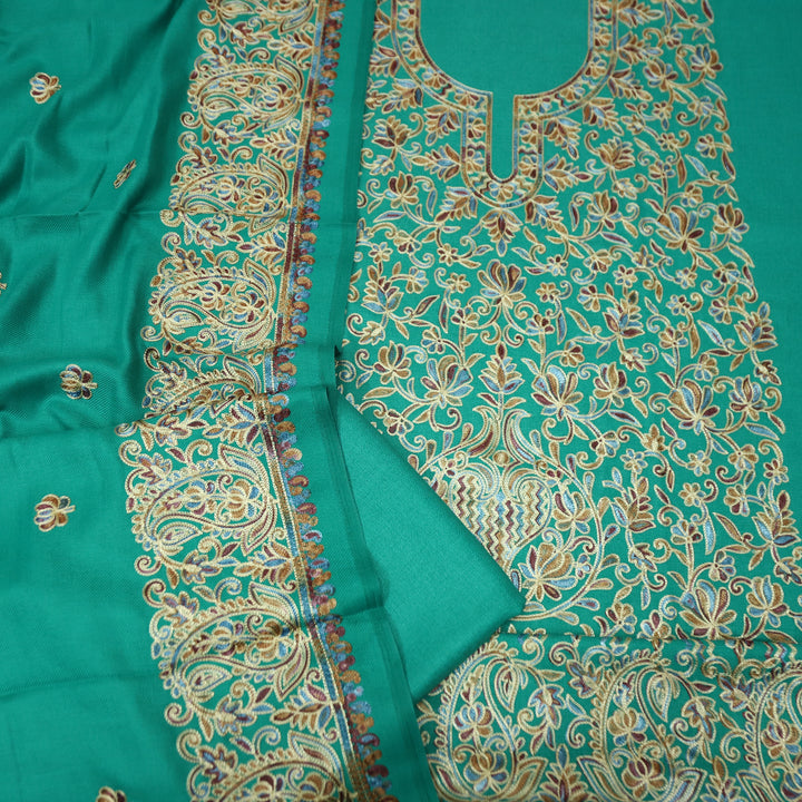 रूपवती Ocean Teal Elegant Woven Kashida Embroidery Semi Pashmina Winter Set