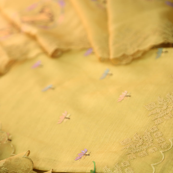 Ambarsi Dandelion Yellow Cross-Stitch Thread Work Chanderi Set