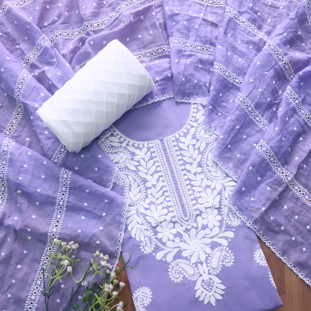 Suroor Pantone Lilac Chikankari Inspired Neck Thread Work Cotton Suit Set
