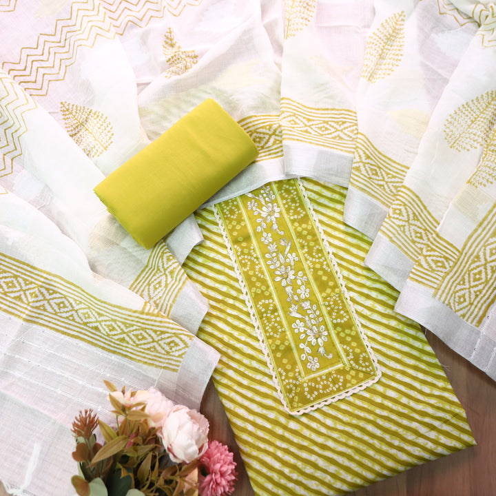 Taruni Yellow  Zari Work Patch Leheriya Printed Cotton Set