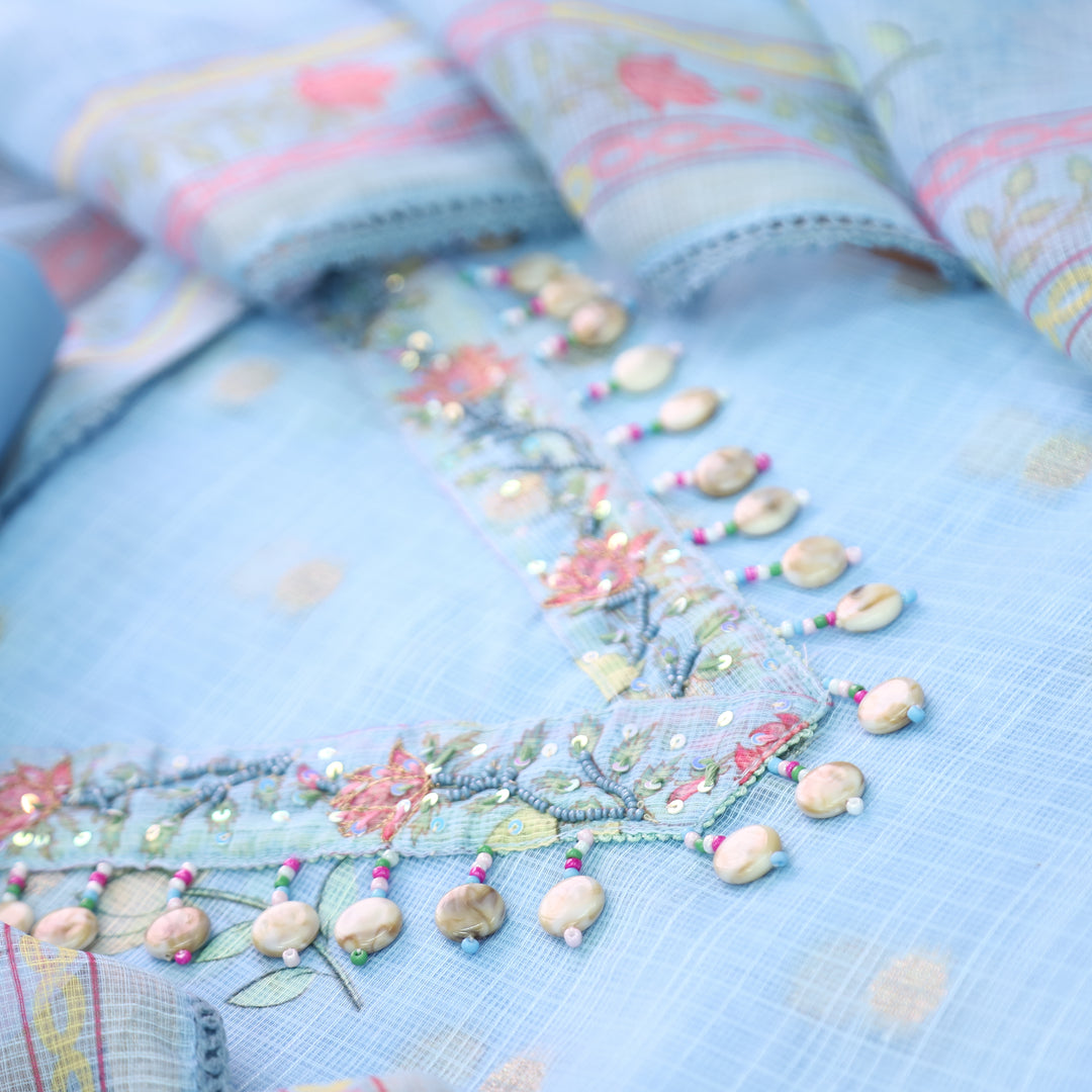 Sahiba Powder Blue V Neck with Shell and Moti Work Peacock Print Kota Doriya Set