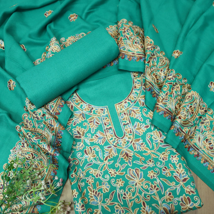 रूपवती Ocean Teal Elegant Woven Kashida Embroidery Semi Pashmina Winter Set