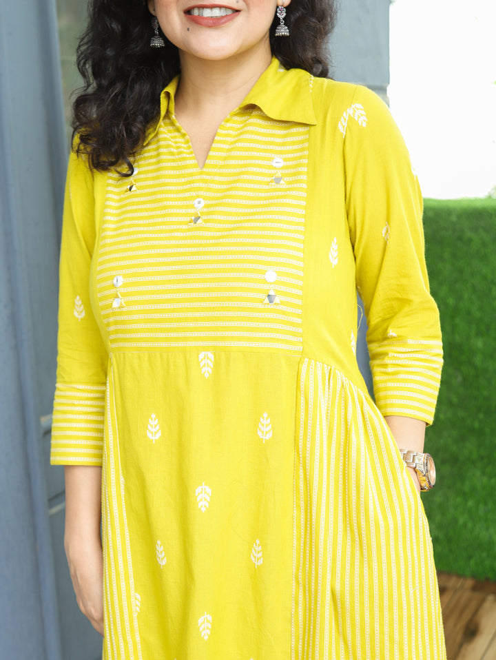 Zaira Yellow Thread Woven Panel South Cotton Dress