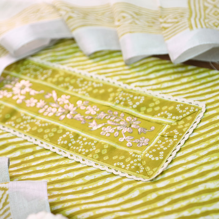 Taruni Yellow  Zari Work Patch Leheriya Printed Cotton Set