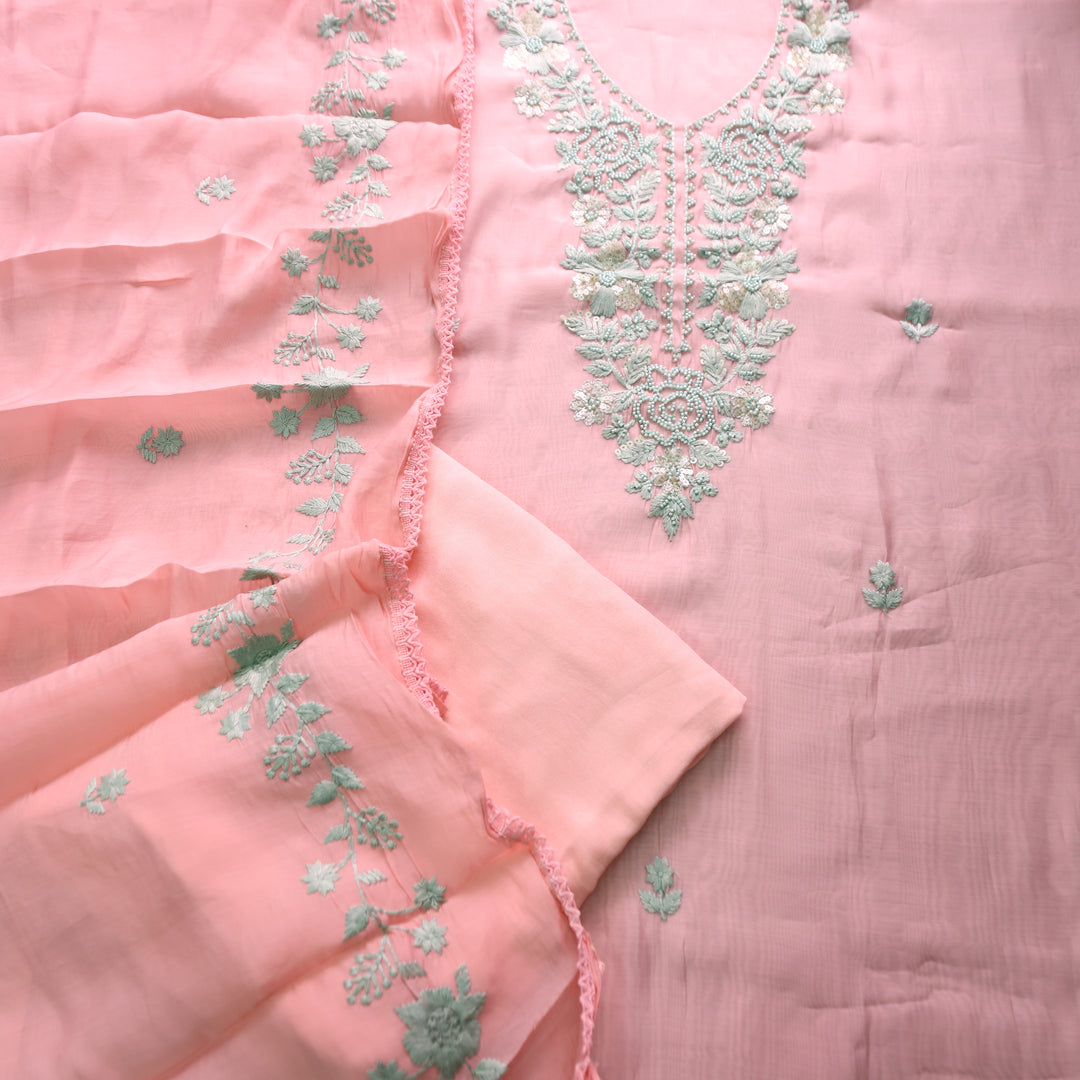 Mahima Candy Pink Thread Embroidered Mul Chanderi Set