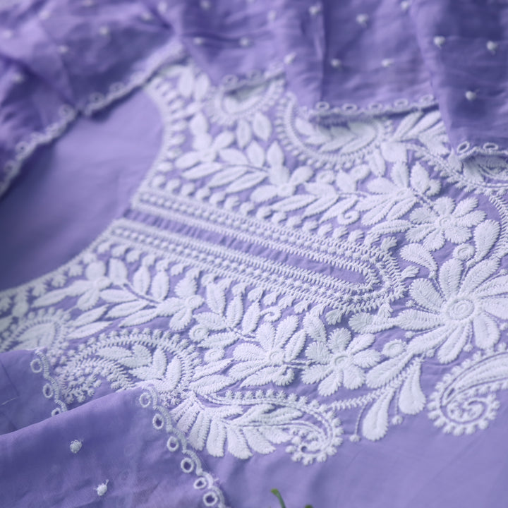 Suroor Pantone Lilac Chikankari Inspired Neck Thread Work Cotton Suit Set