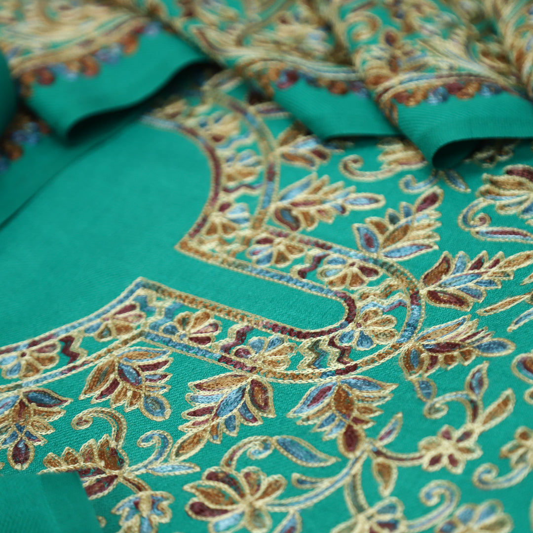 रूपवती Ocean Teal Elegant Woven Kashida Embroidery Semi Pashmina Winter Set