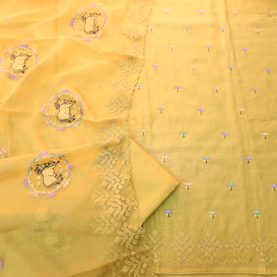 Ambarsi Dandelion Yellow Cross-Stitch Thread Work Chanderi Set
