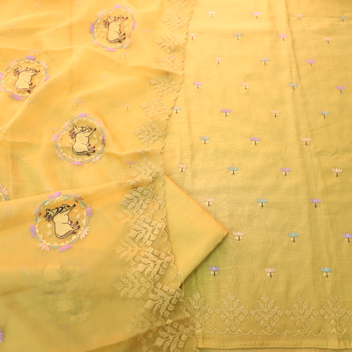 Ambarsi Dandelion Yellow Cross-Stitch Thread Work Chanderi Set