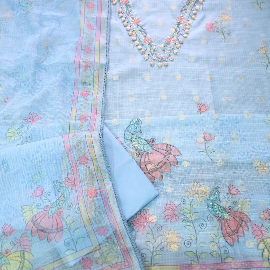 Sahiba Powder Blue V Neck with Shell and Moti Work Peacock Print Kota Doriya Set