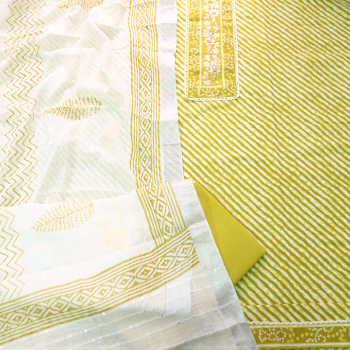 Taruni Yellow  Zari Work Patch Leheriya Printed Cotton Set