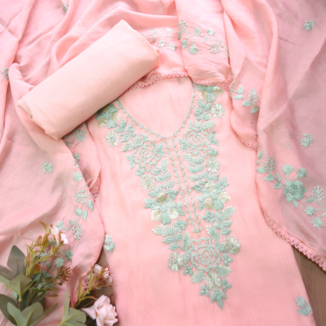 Mahima Candy Pink Thread Embroidered Mul Chanderi Set