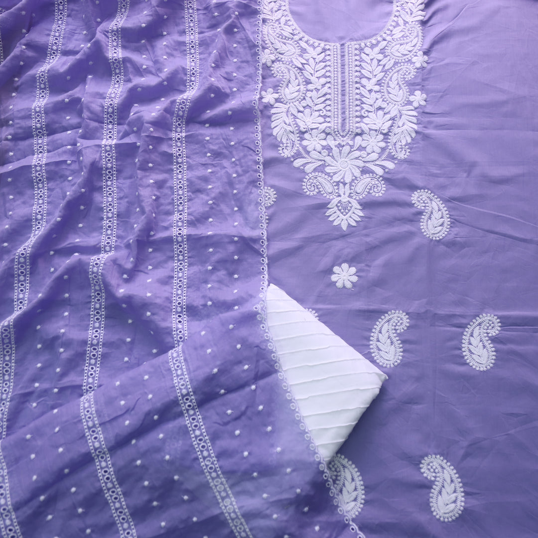 Suroor Pantone Lilac Chikankari Inspired Neck Thread Work Cotton Suit Set
