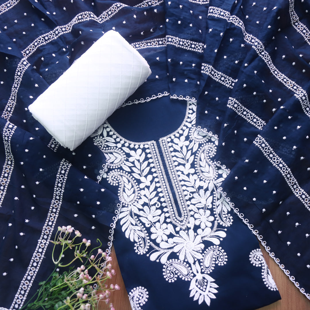 Suroor Navy Blue Chikankari Inspired Neck Thread Work Cotton Suit Set