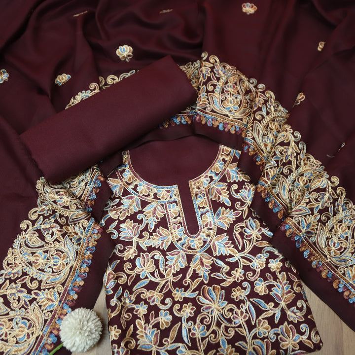 रूपवती Dark Wine Elegant Woven Kashida Embroidery Semi Pashmina Winter Set