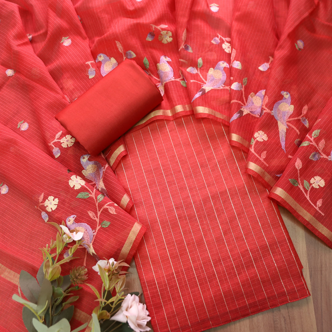 Radhika Fire Red Zari with Embroidered Hem Kota Doriya Set