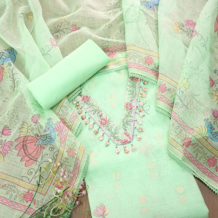 Sahiba Neon Green V Neck with Shell and Moti Work Peacock Print Kota Doriya Set