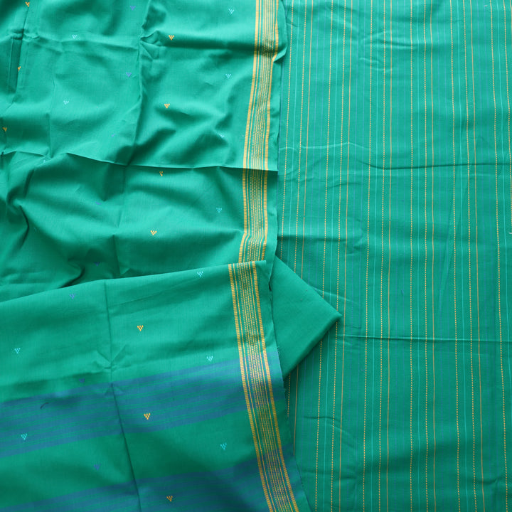 Madhubala Bright Green All Over Running Stitch Handloom Cotton Suit Set