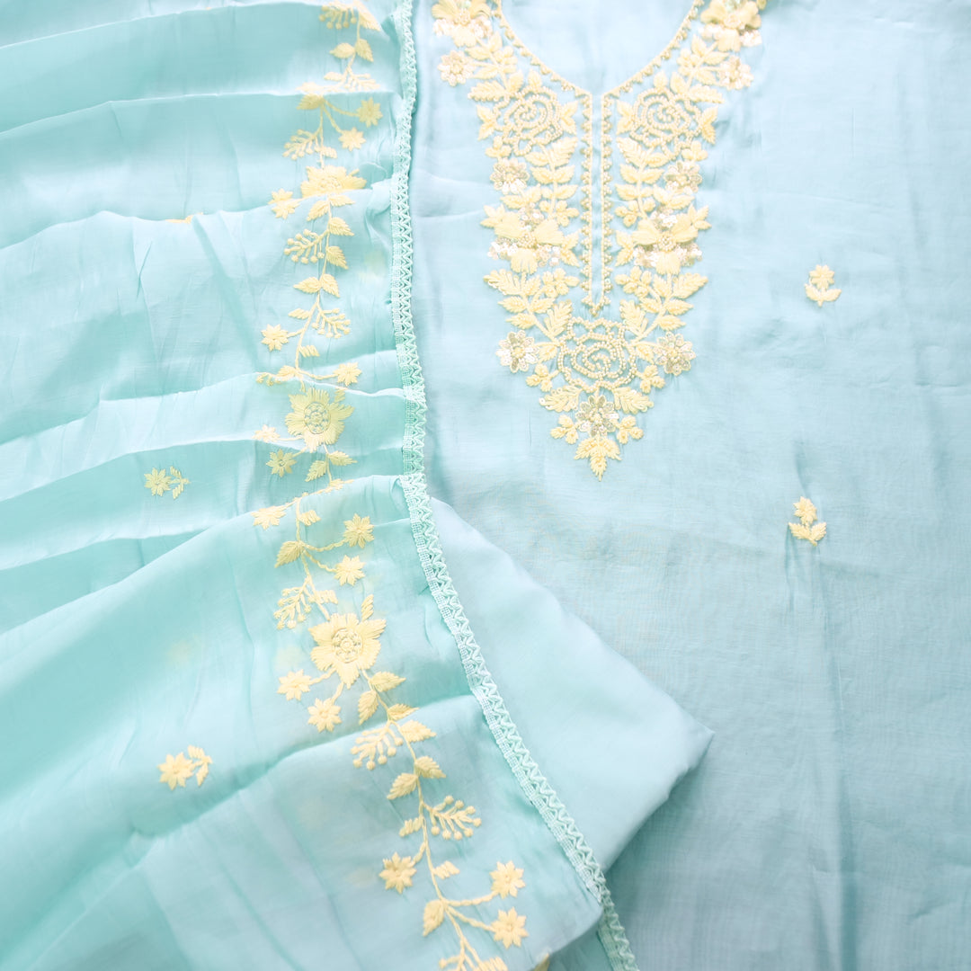 Mahima Iced Blue Thread Embroidered Mul Chanderi Set