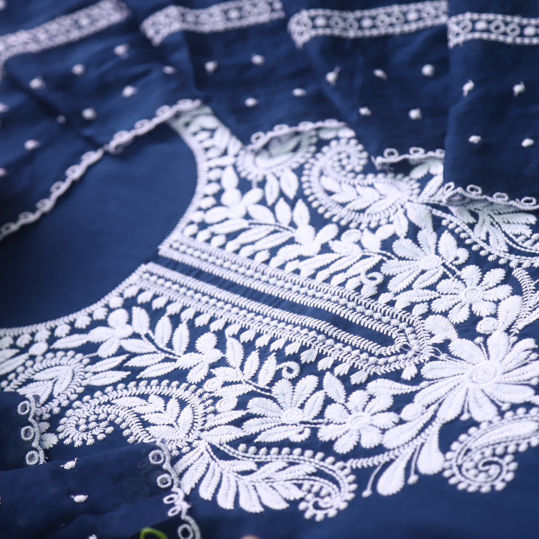 Suroor Navy Blue Chikankari Inspired Neck Thread Work Cotton Suit Set