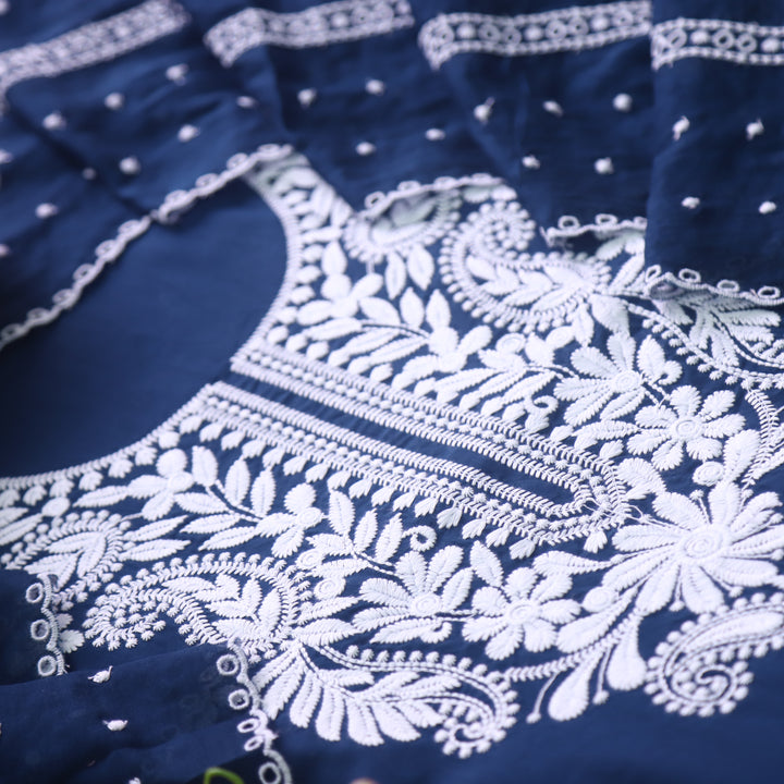 Suroor Navy Blue Chikankari Inspired Neck Thread Work Cotton Suit Set