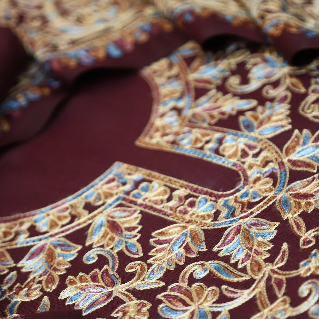 रूपवती Dark Wine Elegant Woven Kashida Embroidery Semi Pashmina Winter Set